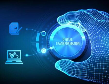 digital-transformation-digitization-of-business-processes-and-modern-technology-wireframe-hand-turning-a-knob-and-selecting-digital-mode-digitalization-of-analog-data-concept-illustration-vector